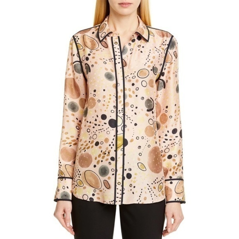 Lafayette 148 NWOT Silk Scottie Print Collar Pink Brown Long Sleeve Shirt S